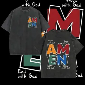 Men's American Retro Washed Black Crew Neck T-Shirt - Colorful "AMEN" Letter & Slogan Print, Loose Street Style Short Sleeve Top