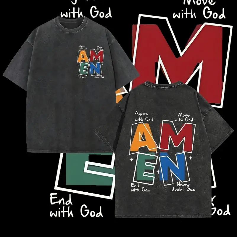 Men's American Retro Washed Black Crew Neck T-Shirt - Colorful "AMEN" Letter & Slogan Print, Loose Street Style Short Sleeve Top
