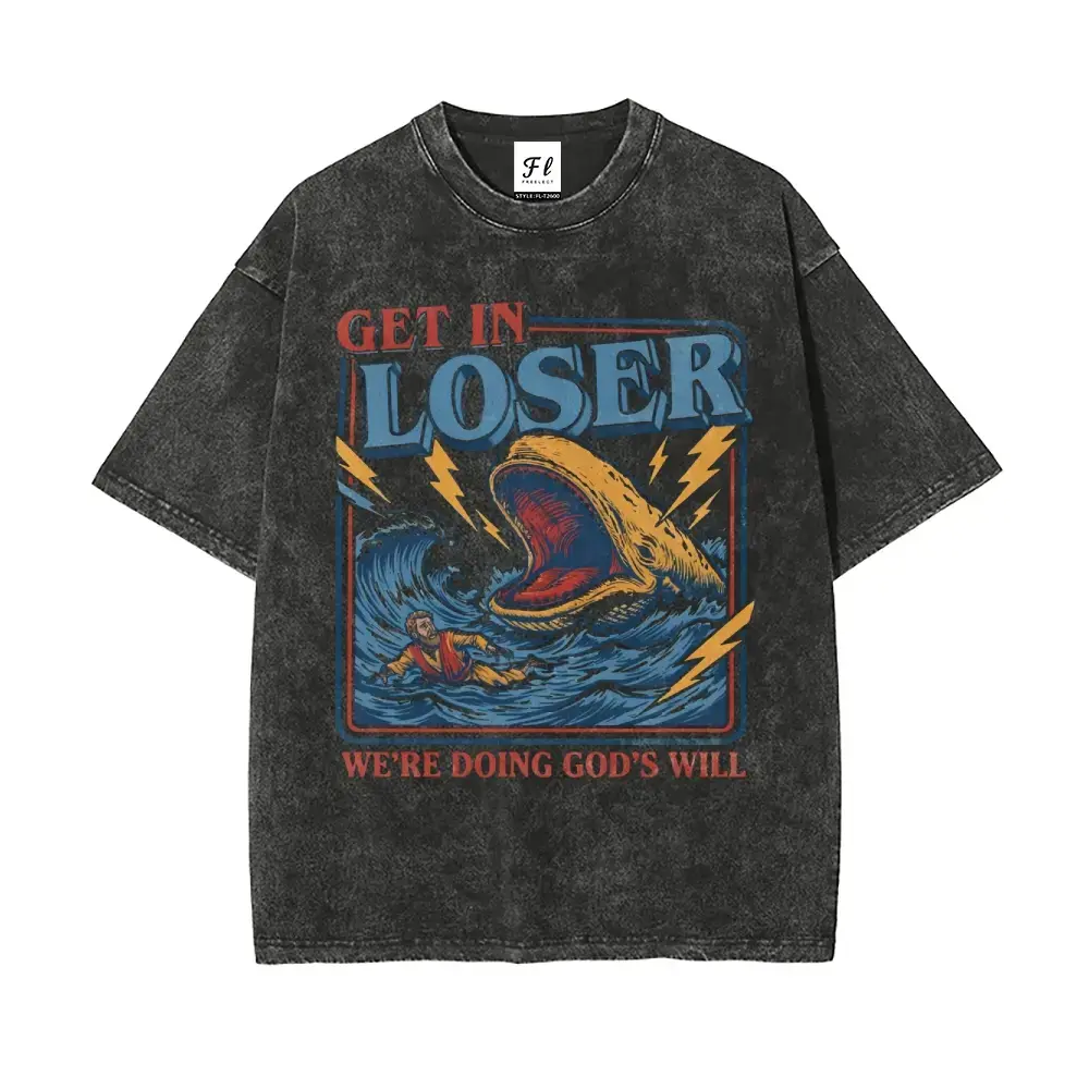 Men's Baggy Breathable Distressed Cotton Shortsleeve Oversized Washed Tshirt - Cargo-Inspired Menswear Top, Christian Streetwear, Jonah and the Whale Graphic, "Get In Loser We're Doing God's Will" Verse, Faith Humor Style, Religious Father's Day Gift