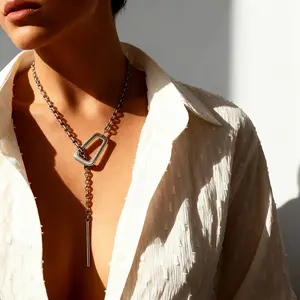 Women's Large Statement Y-Necklace - Heavyweight Silver Plated Copper Chain with Adjustable Lariat Pendant, Bold Y-Shaped Necklace for Everyday & Formal, Christmas Gifts - Year-round Elegant Jewelry, Vintage Boho Style, Statement Piece