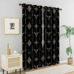 2 Panels Luxury Western Longhorn Skull Curtains, 80%-90% Light Blocking Printed Curtains, Boho Aztec Darkening Curtains, Black Gold Cow Skull Decoration Curtains Blackout Window for Western Style Bedroom