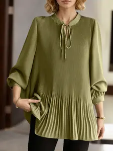 Women's Simple Long Sleeve Top, Casual V Neck Loose Fit Shirt, Pleated Wide Lapel A-Line Blouse, Fashionable Ladies' Clothing, Womenswear
