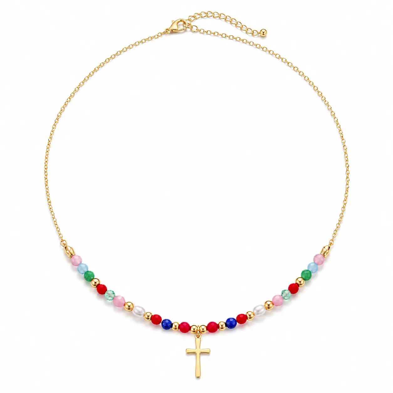 16K Gold Plated Copper Colorful Beaded Cross Necklace for Women, Dainty Rainbow Beads Pearl-Like Accents Pendant, Adjustable Faith Jewelry Gift for Her