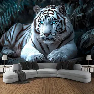 White Tiger Print Tapestry - Majestic Jungle Scene With Glowing Eyes, Polyester Fabric, Perfect For Living Room & Bedroom Decor, Indoor Wall Hanging Art