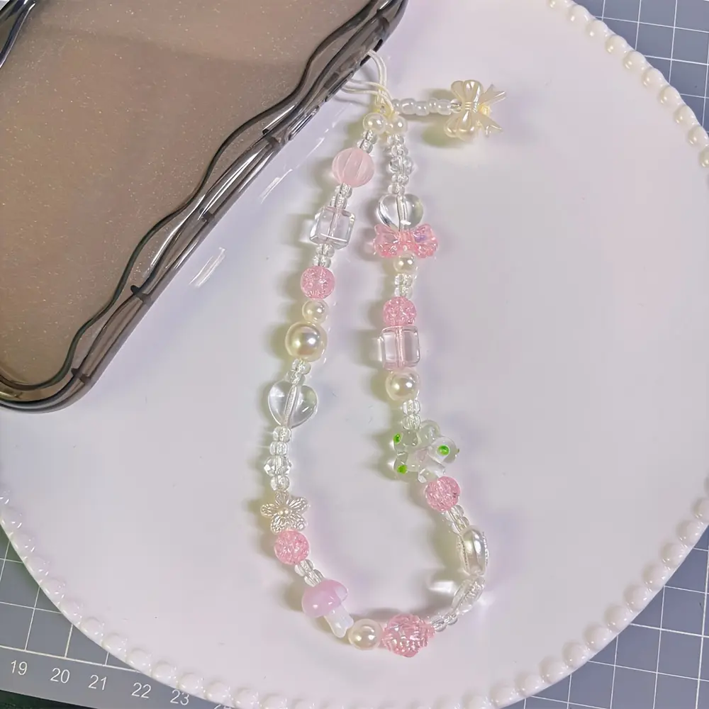 Bow Crystal Glass Mushroom Flower Phone Chain, Phone Lanyard, Phone Strap, Phone Charm, Fashion Girl Keychain Bag Camera Accessories, Phone Accessory