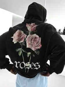 Unisex Hooded Fleece Sweatshirt, Rose Print Design, Retro American Style, Casual Loose Fit, Comfortable All-Season Wear