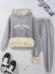 Women's Plus Size 2-Piece Set, New York 199x Letter Print, Fall & Winter Fleece Hoodie Pants, Casual Daily Wear