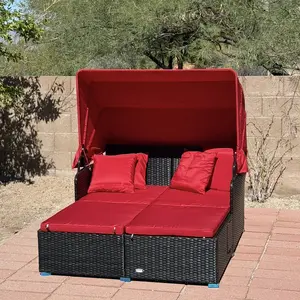 COSTWAY Patio Outdoor Daybed with Canopy, Wicker Sunbed w/Cushions, 4 Pillows & 2 Retractable Side Trays, 2-Person Lounge Bed Conversation for Poolside Porch Garden, Rattan Outdoor Bed-COSTST