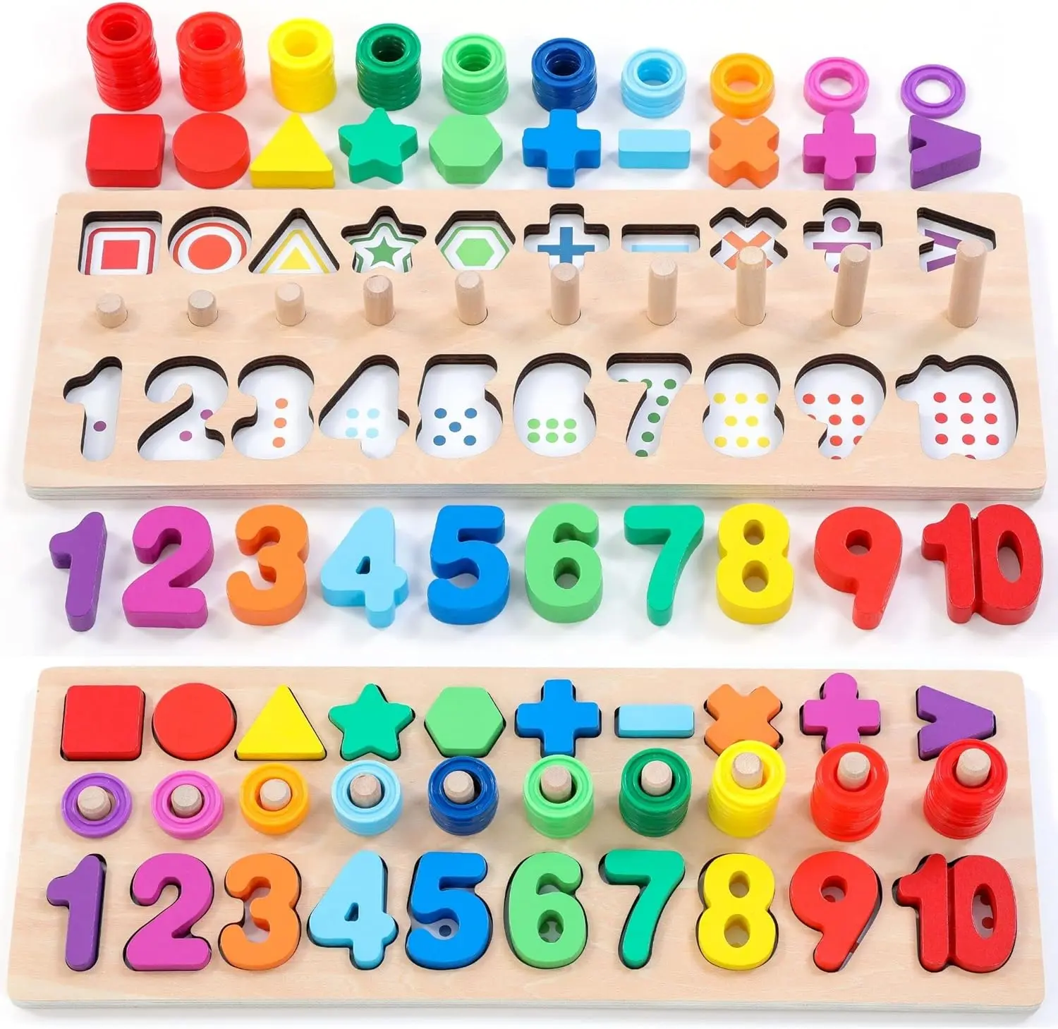Montessori Wooden Learning Toys for Toddlers – Number Puzzle, Counting & Shape Stacking Game, Preschool Math Toy for Boys & Girls (Rainbow)