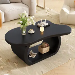 Modern Cloud Coffee Table with 1.5" Thick Tabletop, Cream Style Irregular End Table with Curved Legs, Unique Design Accent Table with Round Edge for Living Room, Apartment, Black