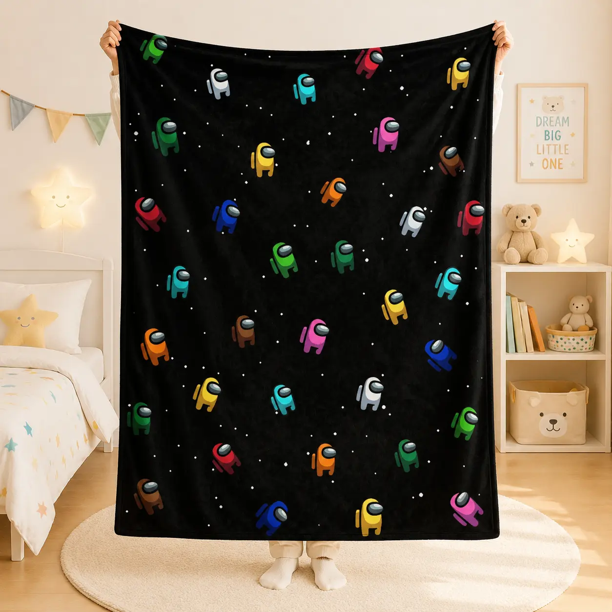 Among Us Plush Fleece Blanket - Flannel Fabric, Wrinkle Resistant, Anti-Fade Print, Durable, Soft, Cozy AC Throw with Cute Space Crewmate Cartoon Design, Multi-Size, for Toddler & Child, Couch Bed Use, Teen Room Decor Gift