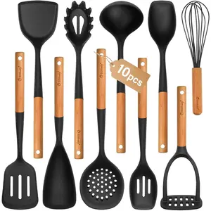 Large  Cooking Utensils Set, 10 count Nonstick Kitchen Utensil Set with Wooden Handle, Heat Resistant  Utensils for Cooking,  Spatula Set with Turners Spoon Ladle Skimmer(Black)