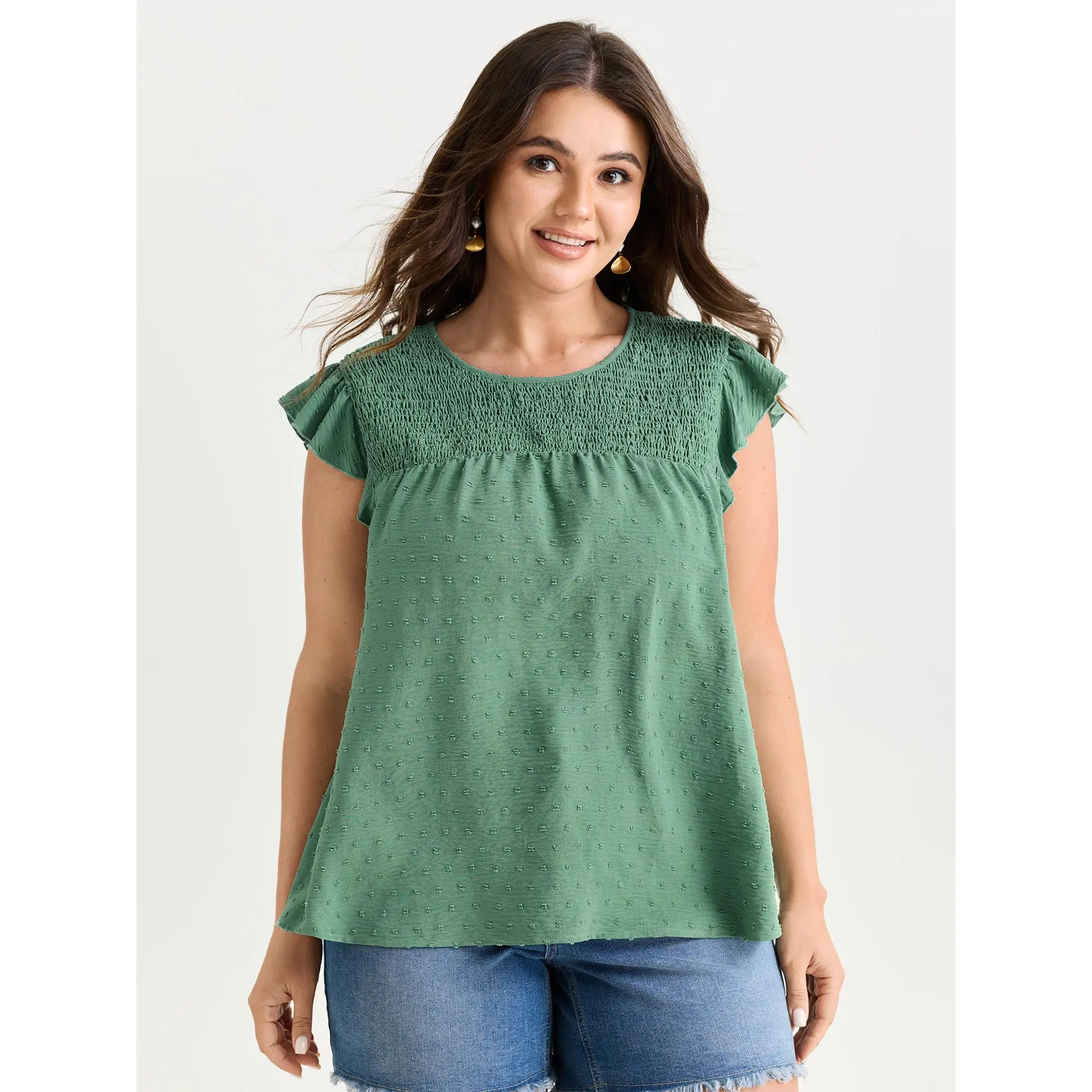 BloomChic Women's Plus Size Smocked Boho Top, Solid Teal Summer Garment with Ruffle Sleeves in Smooth Spandex Fabric, Shirts, Short Sleeves, Comfy Casual, Casual Top, Cable Knit, Polyester Blend, Boho Vibe, Regular Length, Shortsleeve, Blouses, Spandex Bl