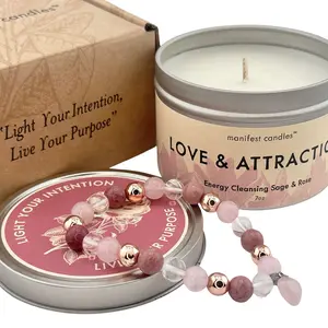 Wax & Wit 7oz Love Candle to Attract Love – Rose & Sage - Manifestation, Spiritual Meditation Candle with Bonus Manifestation Love Crystals Bracelet