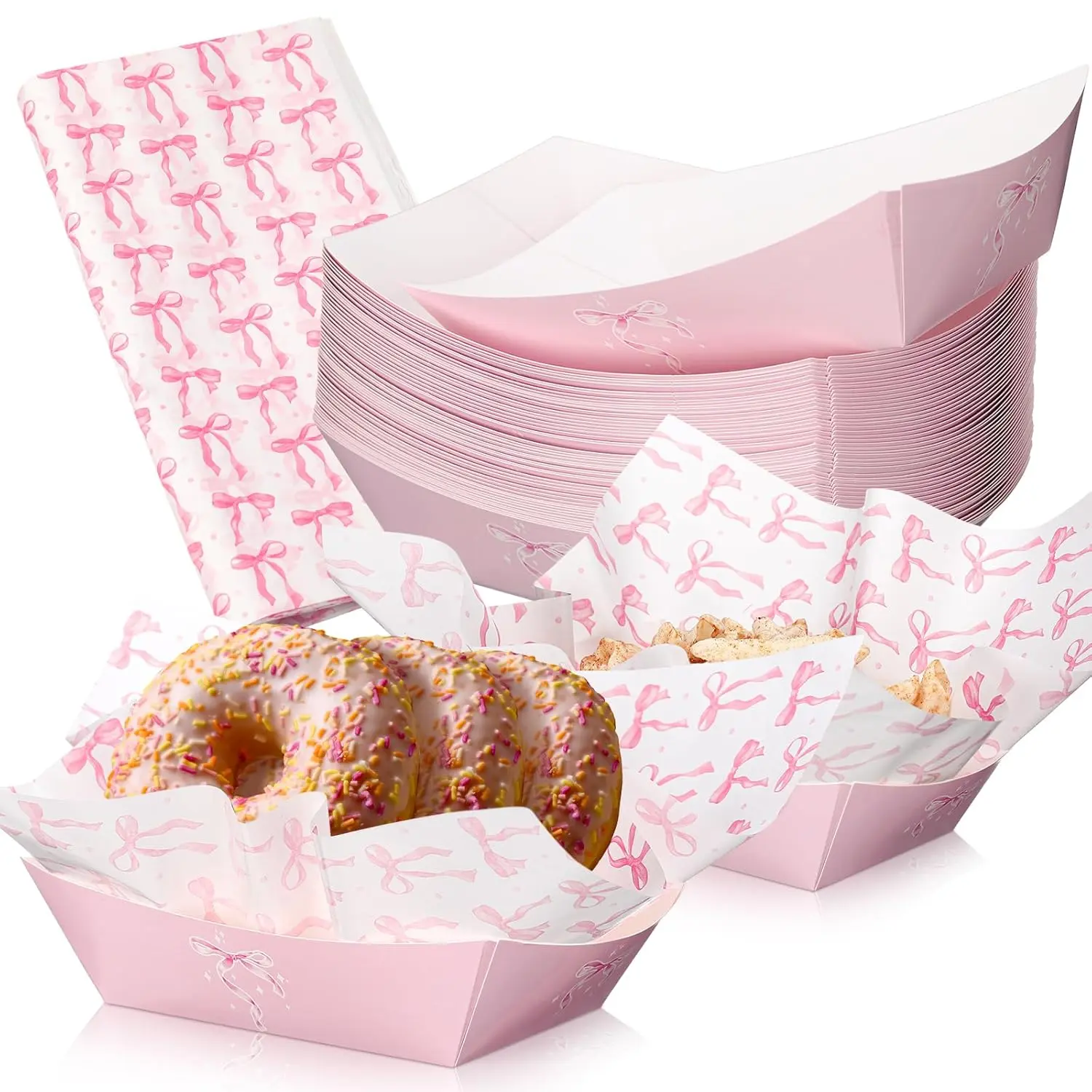 100 count  Bow Paper  Trays Bulk Bow Birthday Party Supplies Birthday Decorations Disposable  Boat Trays with Wax Paper Sheet Wrapping for Wedding Bridal Party Supplies(Pink)