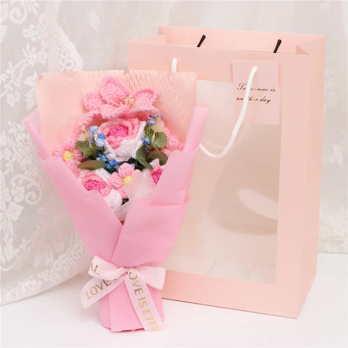 Handmade Crocheted Cotton Decorative Artificial Flowers Bouquet (mxb100-1) - Pink Rose, Lifelike, Gift Box Included, Home Decor Bouquet Decorations for Valentine's Day