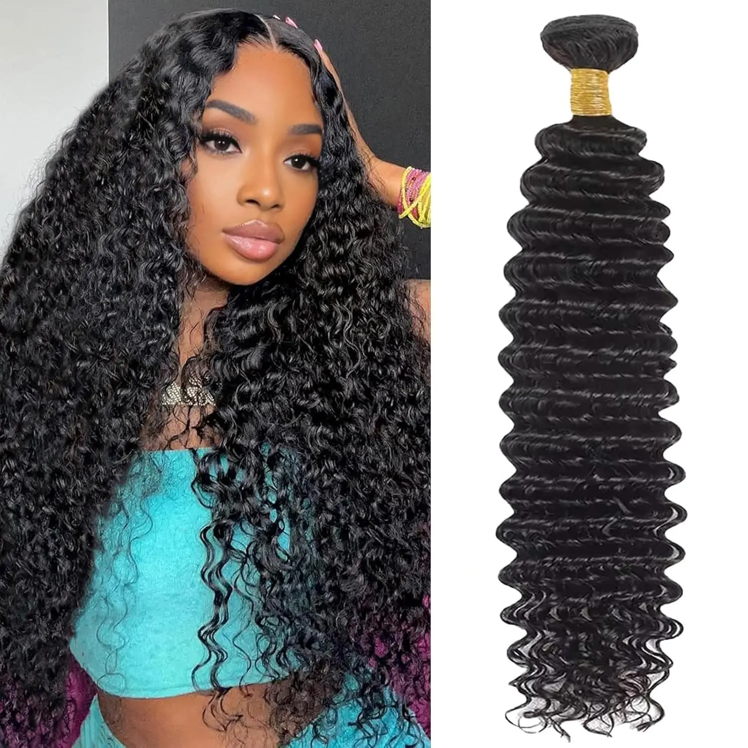Deep Wave Bundles Human Hair 1 Bundles  12 A Brazilian Human Hair Wet and Wavy Bundles Double Weft Deep Curly Weave Natural Black 10-32 Inch