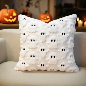 Halloween Pillow Covers Cute Ghost Spooky Throw Pillows Set of 2 Soft Plush Faux Fur Decorative Cushion Covers for Couch Sofa Bed Porch Living Room Halloween Decor 18*18in White