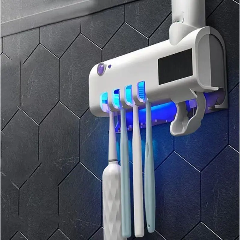 Modern White Wall-Mounted Toothbrush Holder Set - Multifunctional Automatic Toothbrush Sterilizer with Smart Toothpaste Dispenser, USB Rechargeable, Motion Sensor, Multi-Brush Organizer, Bathroom Accessory, Home Must-Have