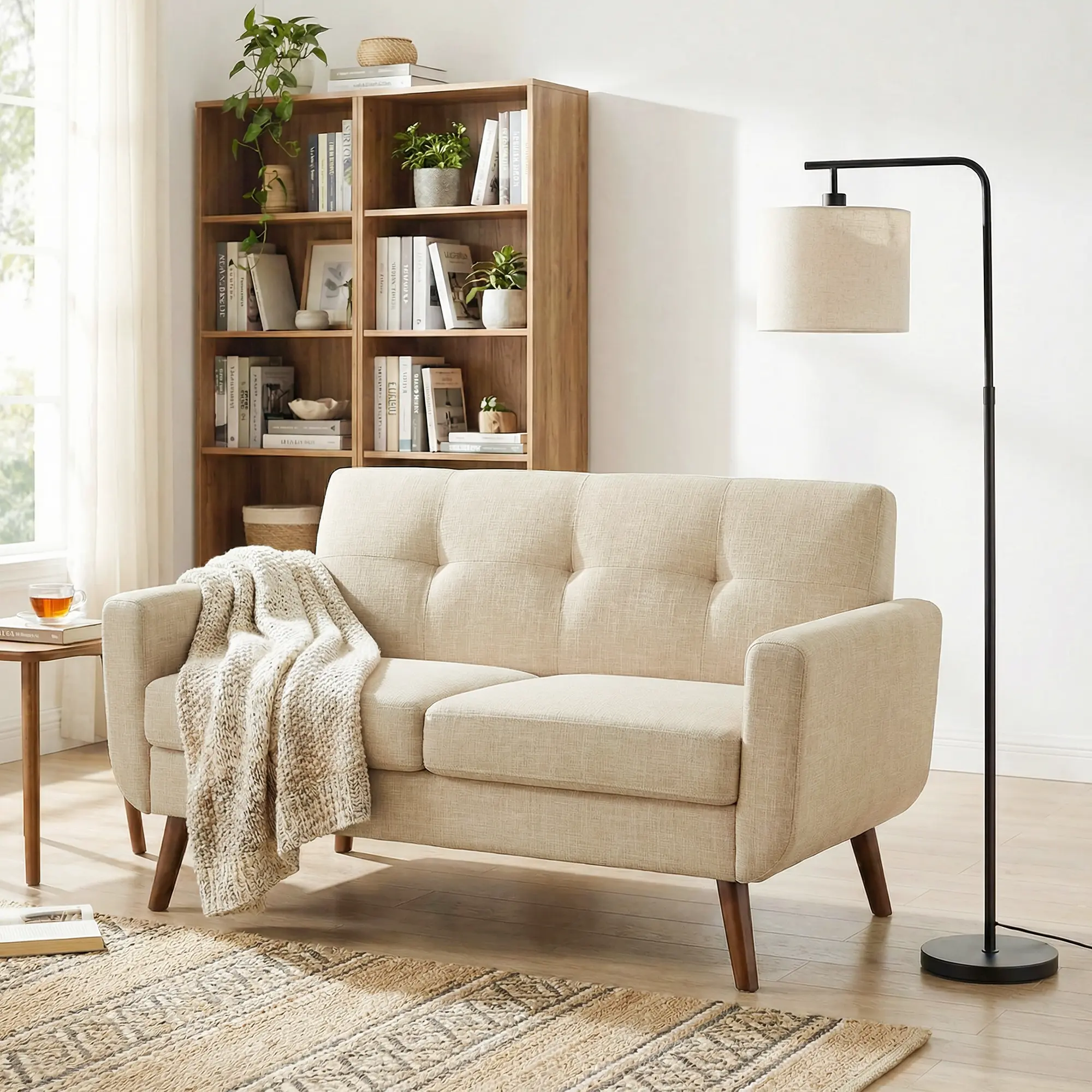 Tbfit 56.7" Loveseat Sofa – Mid Century Modern Small Couch with Button Tufted Linen Fabric, Solid Wood Legs, Comfy 2-Seater Sofa for Living Room & Bedroom, Beige