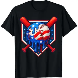 [100% Cotton] Baseball Drip  Dripping Ice Cream Baseball American Flag T-Shirt for men and women