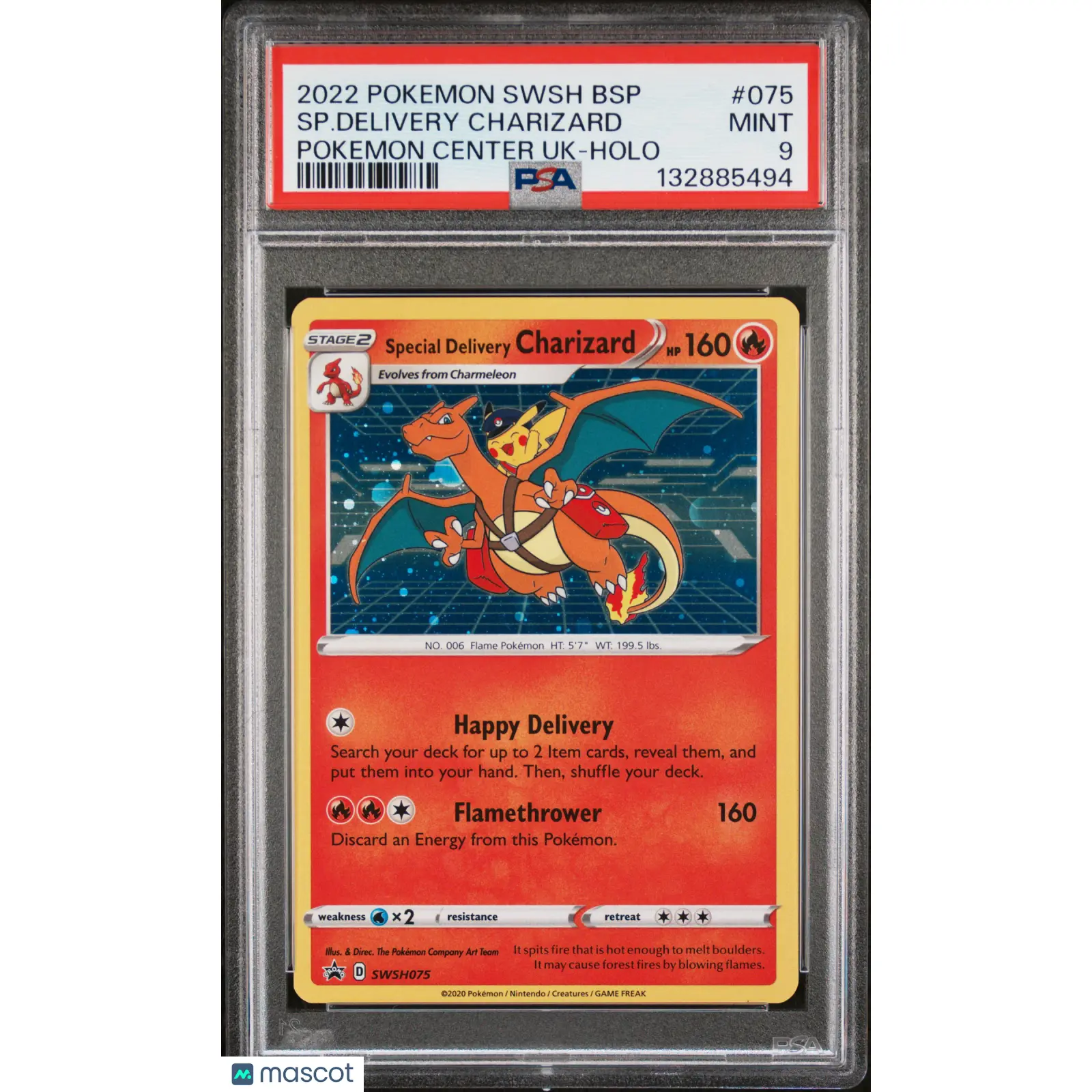 SP. Delivery Charizard #075 Pokemon Center Uk-Holo 2022 Black Star Promo PSA 9