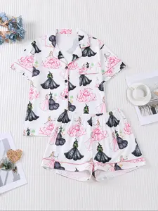 2 Pieces Of Women's Halloween Witch and Princess Printed Short Sleeved Shorts, Comfortable Lapel Pajamas Set, Top Pocket Elastic Waistband Suitable for All Seasons Casual Classic Home Wear, Loungewear, Fitted Pj Sets