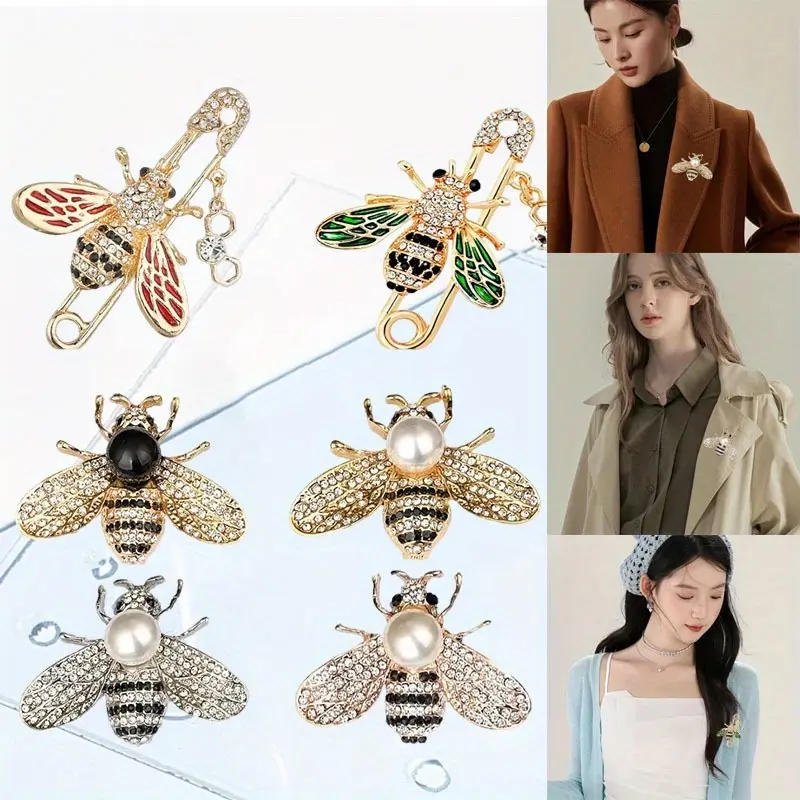 6 Pcs Bee Shape Exquisite Sparkling Brooch Pins, Inlayed Gems Water Diamond Chest Flower Accessories for Party Decorations, Fashion Clothes Collar Clips, Exquisite Brooch, Western Party Decor, Brooch Set, Rhinestone Brooch