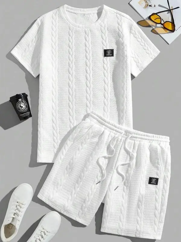 Men’s solid color textured paneled T-shirt and drawstring waist shorts set, regular fit casual crew neck short-sleeve T-shirt and pocketed shorts, men’s summer clothing, casual set Shortsleeve Menswear