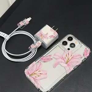 5-Piece Set Transparent Airbag Protective Case for iPhone, TPU Soft Shell, Creative Floral Flower & Butterfly Design, Includes Charging Head Cover & Cable Protectors, Accessories