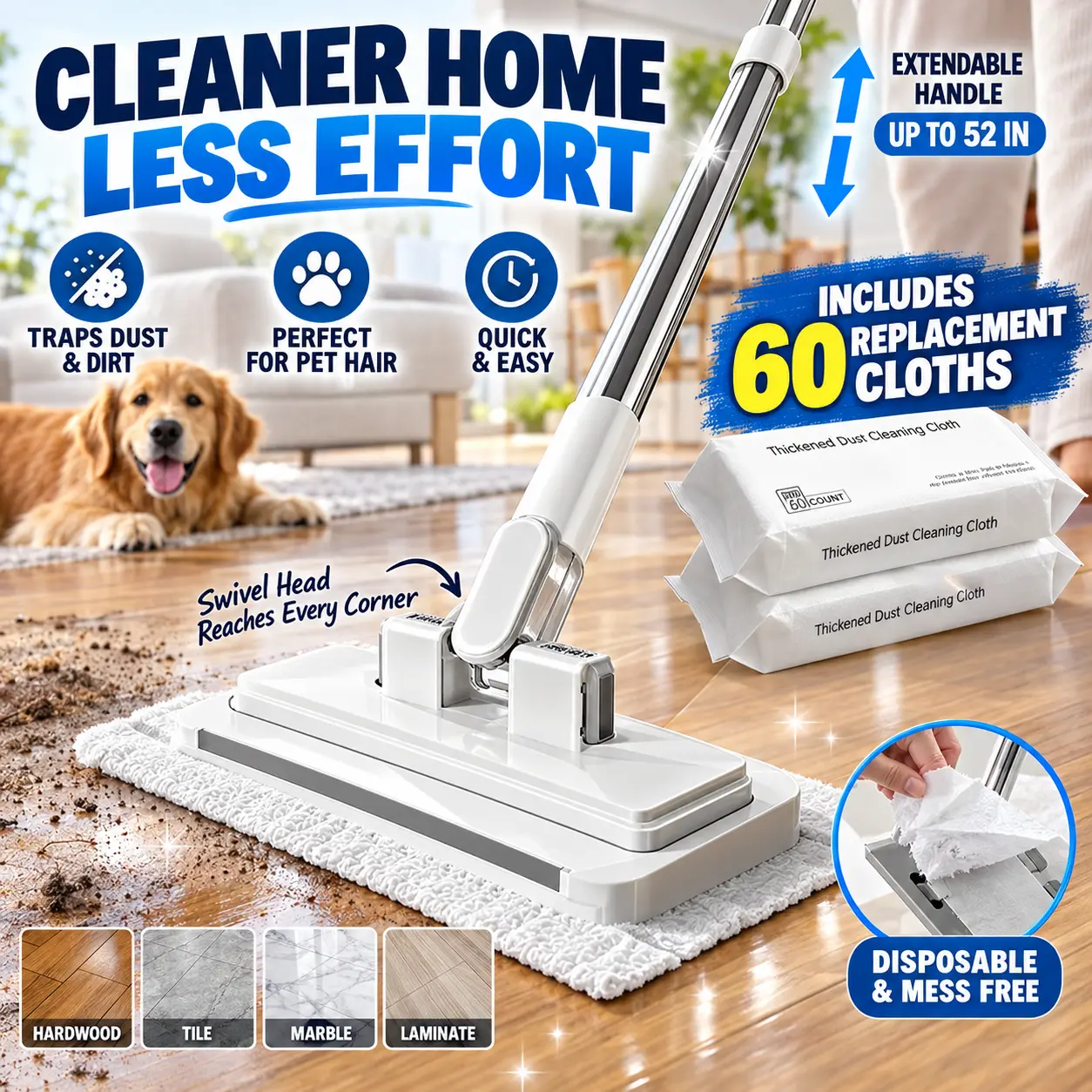 Flat Dust Mop for Floor Cleaning with 60 Disposable Replacement Cloths, Extendable Handle Up to 52 in, Swivel Head for Dust, Dirt and Pet Hair Removal, Hardwood, Tile, Marble and Laminate Floors, Household Cleaning Supplies