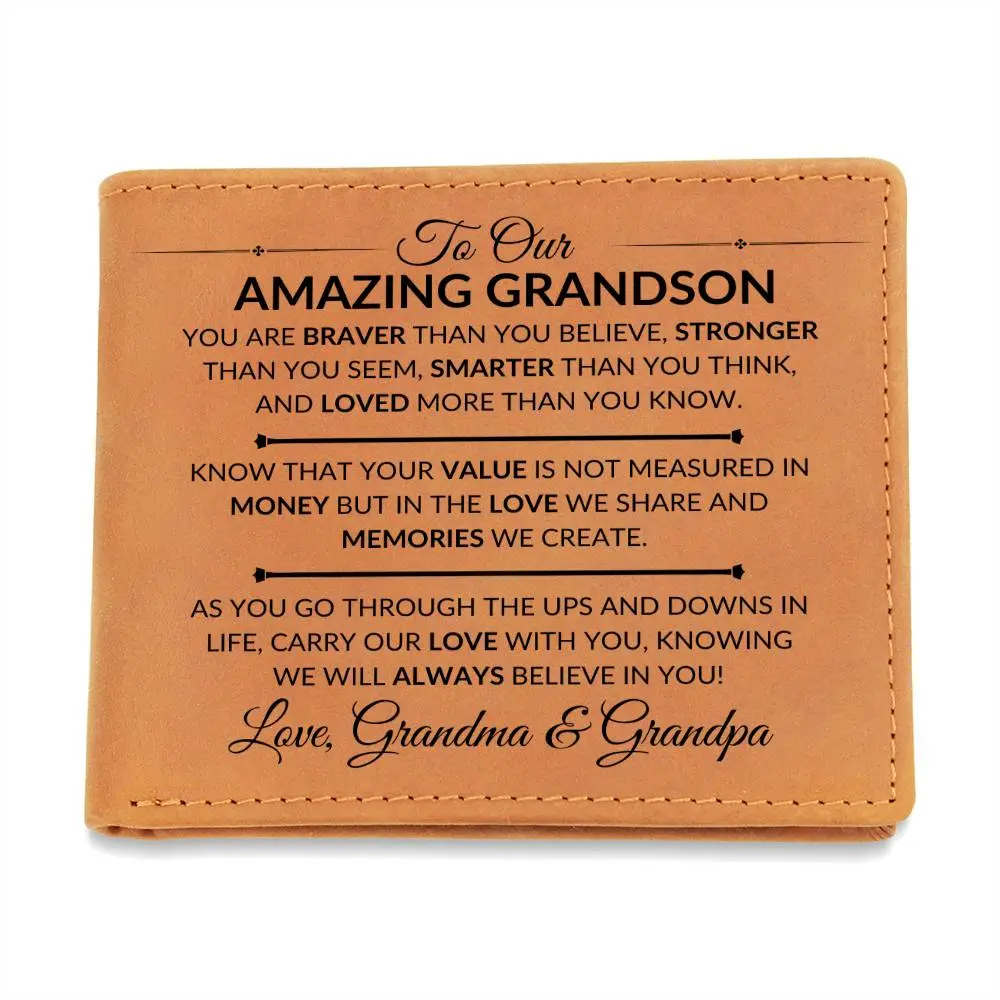 Custom Bifold Wallet for Men, Genuine Leather Card Holder for Grandson, Personalized Birthday Holiday Gift from Grandparents, Bifold/Trifold Wallet, Happy Birthday, Printed Front, Full Grain, Card Slots, Slim Bifold