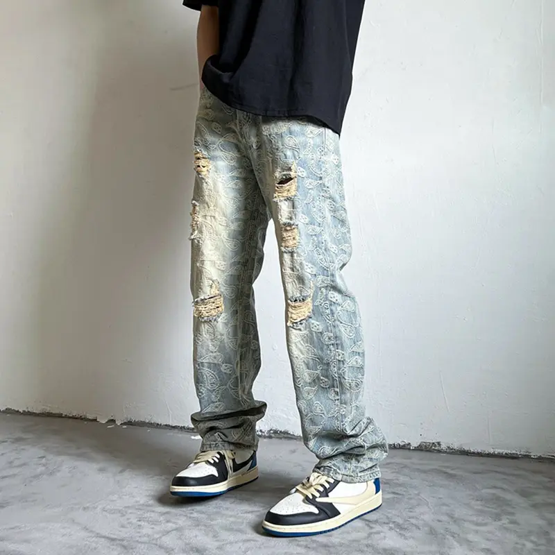 Men's Vintage Paisley Embroidery Distressed Washed Straight Leg Casual Denim Pants