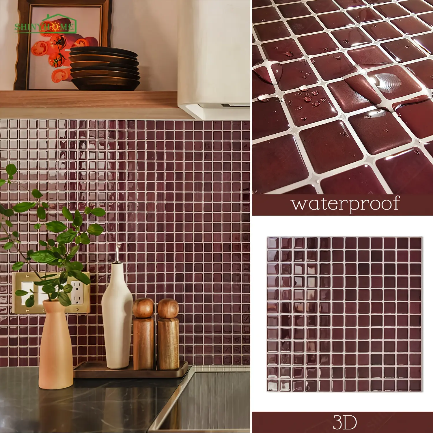 10 sheets of self-adhesive Peel and Stick waterproof and splash-proof-self-adhesive peeling and pasting wallpaper, suitable for kitchen and bathroom walls, DIY-friendly detachable covering, installation, without glue (polyurethane).