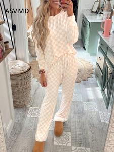 women's plaid print long sleeve lounge set, casual comfy drop shoulder pullover & drawstring waist pants, women's pastel sleepwear pajamas for spring & fall, matching sets valentine's day, gift