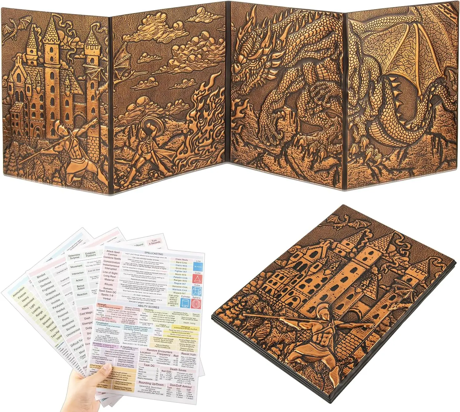 DND Dungeon Master Screen Faux Leather EmbossedDragon & Mimic, Four-Panel with Pockets DM Screen forDungeons and Dragon, Pathfinder, D&D