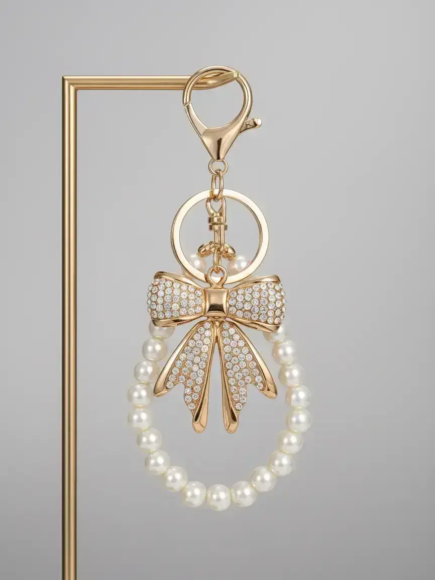 Women's Bow Keychain Rhinestone Imitation Pearl Chain Shiny Wallet Charm Bag Handbag Accessories Elegant Design Keychain Bag Pendant Trendy Cute Keychain Bling Bling Keychain For Bags Keychain For Purse