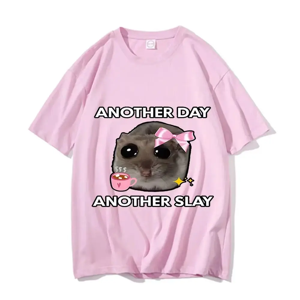 Unisex Fit Sad Hamster "Another Day Slay" Funny Graphic Shortleeve T-Shirt - Casual Cotton Kawaii Menswear Top, Meme Shirt, Vintage Clothing, Shortsleeve, Childrens Day, Tshirt, Crew Neck, Streetwear, Machine Wash