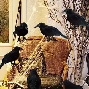 Lifelike Raven Set, Vintage Style Artificial Feather Decor Props, Realistic Plastic Crows for Halloween Party Indoor Decoration