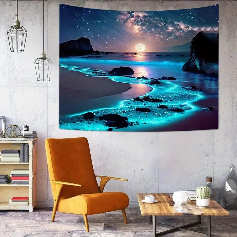 Enchanting Glowing Blue Sea & Moon Tapestry - Large 37x28 Inch Coastal Wall Hanging with Turquoise Ocean, Full Moon & Stars - No Electricity Needed, Easy Hang Installation - Bedroom, Living Room, Dorm Decor - Perfect Housewarming Gift for Women &