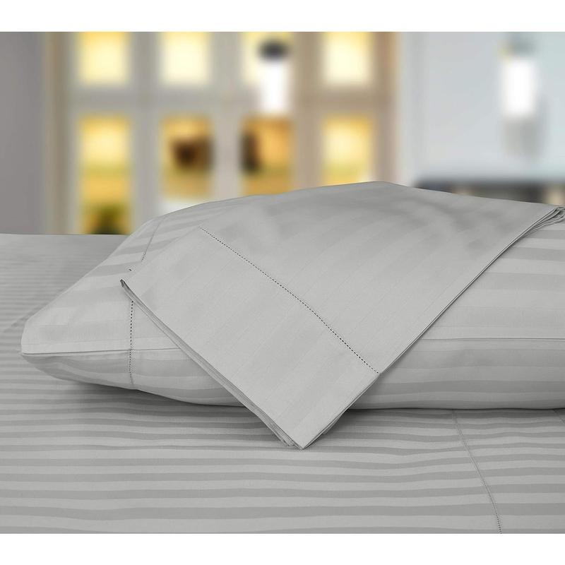 500 Thread Count King Size Damask Stripe, 4 Pc Luxury Bed Sheet Set, Soft Light Grey Sheets with 16" Elasticized Deep Pocket, 2 Pillowcases & Free Tote Bag