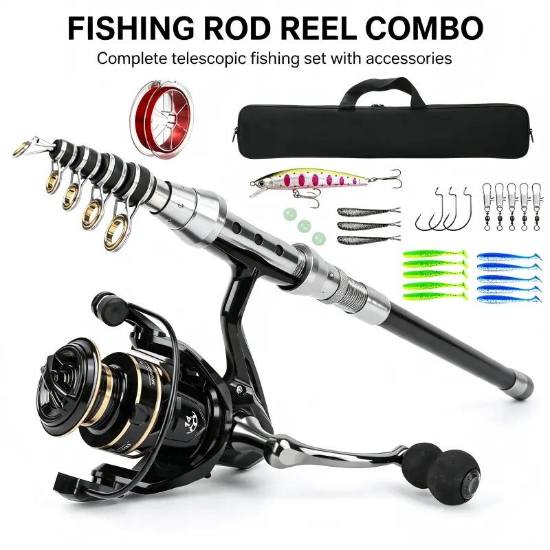 Telescopic Fishing Rod Reel Combo Full Kit, 2.1M Complete Fishing Set with Spinning Reel, Lures Hooks Line Carry Bag for Beginner Outdoor Fishing