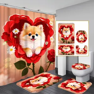 1/3/4PCS Valentine Pup Shower Curtain set, Red Floral Dog Bathroom Decor, Accessories with Bath Mat, U-shaped Mat, Toilet Lid Cover, 12 Hooks 180x180cm Curtain, Adorable Pet Love, Home Decor, bathroom accessories.