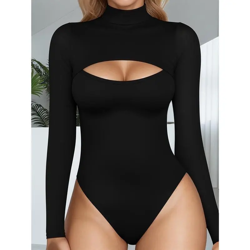 Women's Elegant High Neck Knit Bodysuit - Chic Long Sleeve Stretch Rayon Blend Solid Top with Sultry Hollow Cutout, Daily Wear, 1 Bag per Pack, Glamorous Bodysuits