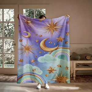 Celestial Sun Moon Star Flannel Throw Blanket, Ultra-Soft Warm Breathable Blanket, Thoughtful Birthday, Holiday Gifts for Astrology Lovers, Cozy Sofa, Bed Decor