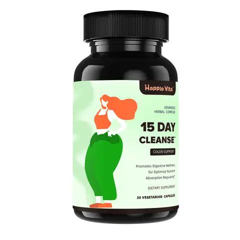 HappieVita Vegan Gut Support Dietary Supplement - 15-Day Cleanse, 30 Capsules, Clean Herbal Mix Formula with Fiber Foods & Flax Seeds, Debloat Solution for Bloated Stomach, Detox Support & Gut Health Tips