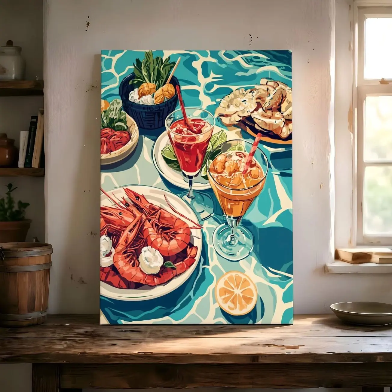 Poolside Seafood Canvas Wall Art, Summer Shrimp and Oyster Illustration, Mediterranean Coastal Kitchen Decor for Beach House Dining