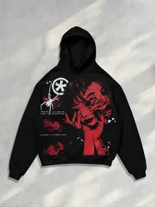 Men's Hooded Sweatshirt, Short Box Fit, Simple Basic Design, Dual Layer Cap, Japanese Horror Anime Pattern, Casual All-Season Wear, Gothic Printed Hoodie