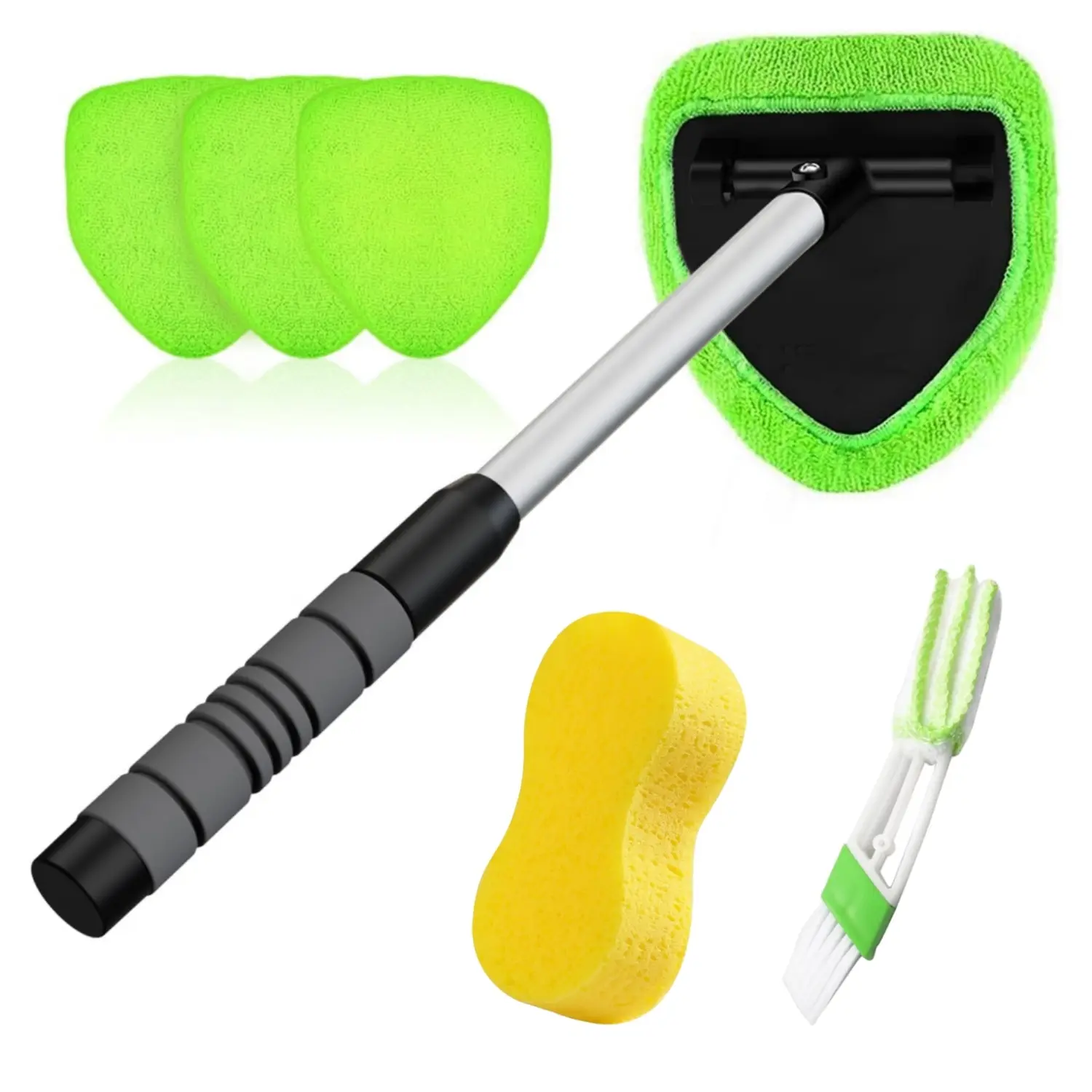 1 Set Windshield Cleaner Tool – Car Interior Window Cleaning Kit with Extendable Handle, 3 Microfiber Pads, Air Vent Cleaning Brush & Multi-Purpose Sponges, Auto Wiper Inside Windshield Brush for Car & Home Windows