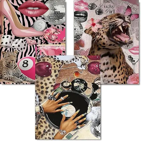 GemZono 5D DIY Full Drill Round Plastic Diamond Art Making Kit - Leopard Print Disco Fashion Collage, Odorless Stress Reliever Craft Supplies for Adults, Includes 1 Diamond Pen, Glue, Home Wall Decor for Graduations